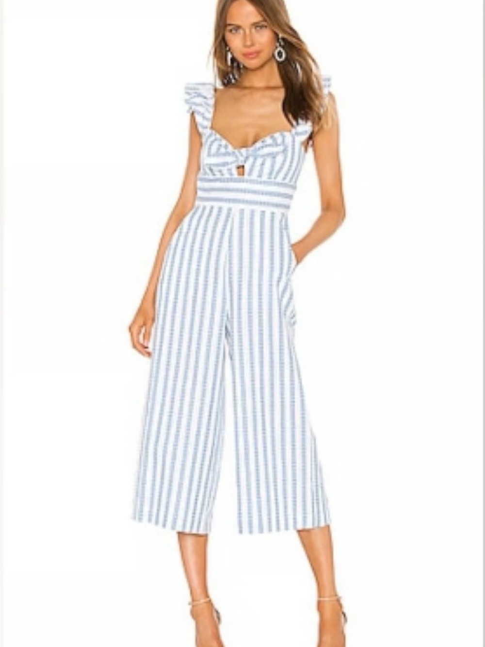 BCBGeneration Ruffle Striped Cropped Jumpsuit Blue and White - Size 2